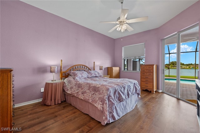 2249 Valencia Lakes Cir, Naples, FL 34120 - bedroom with access to exterior, wood finished floors, baseboards, and a ceiling fan