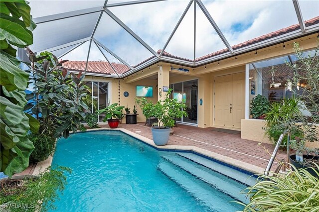 view of pool featuring a lanai and a patio area