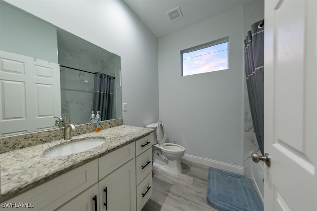 bathroom featuring wood-type flooring, vanity, toilet, and curtained shower