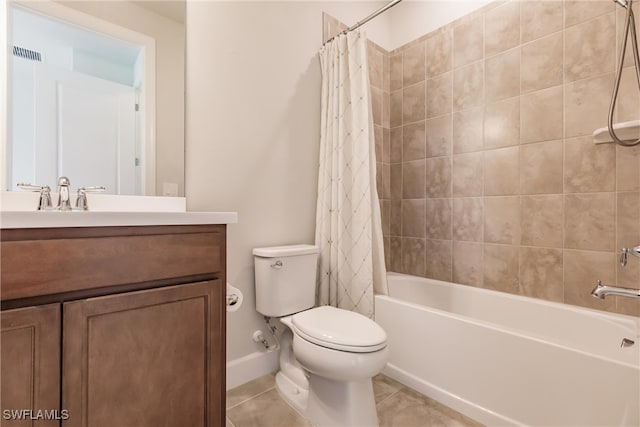 full bathroom featuring vanity, tile patterned floors, toilet, and shower / bathtub combination with curtain