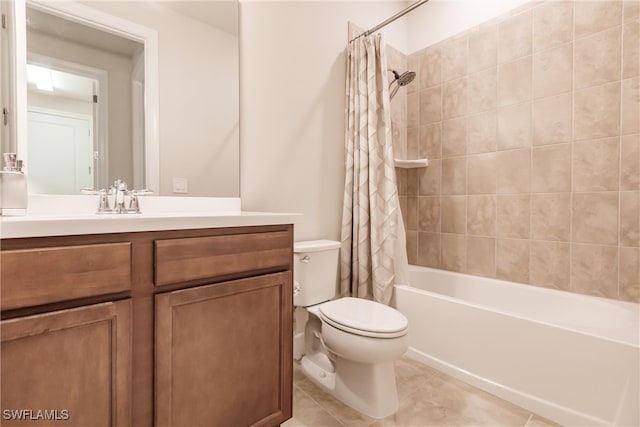 full bathroom with toilet, vanity, shower / bathtub combination with curtain, and tile patterned floors