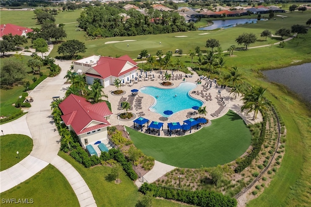 birds eye view of property featuring a water view