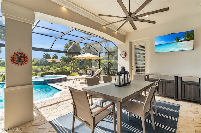 view of patio with glass enclosure and a pool with hot tub