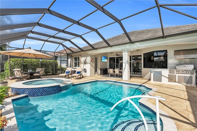 view of pool featuring glass enclosure, an outdoor kitchen, an in ground hot tub, a grill, and a patio