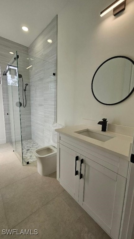 bathroom with a shower with door, tile patterned flooring, vanity, and toilet