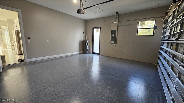 garage featuring electric panel, a garage door opener, fridge, and electric water heater