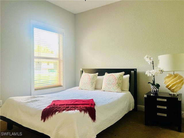 bedroom with dark carpet