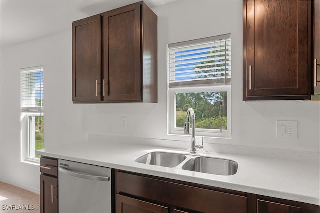 kitchen with dishwasher, dark brown cabinetry, and sink