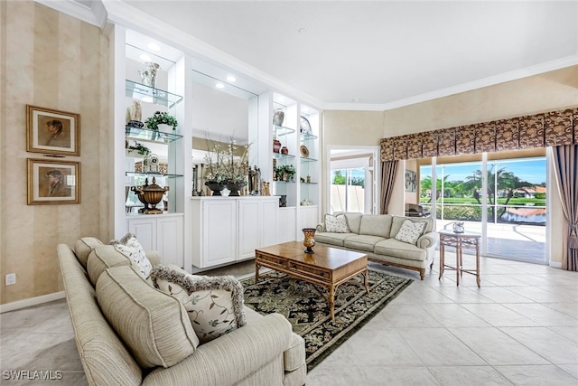 living room with built in shelves, ornamental molding, and light tile patterned floors