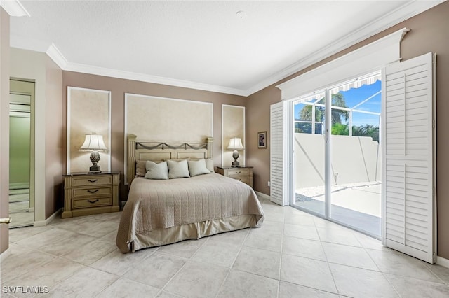 tiled bedroom with ornamental molding and access to outside