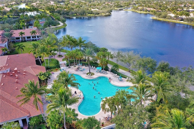 drone / aerial view featuring a water view