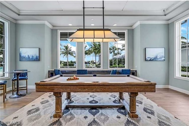 recreation room featuring crown molding, light hardwood / wood-style flooring, and pool table