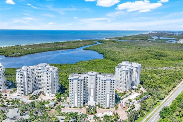 aerial view featuring a water view