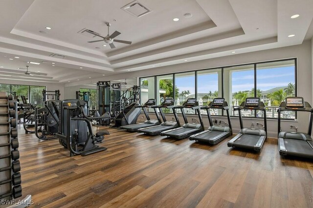 exercise room featuring a raised ceiling, wood-type flooring, and ceiling fan