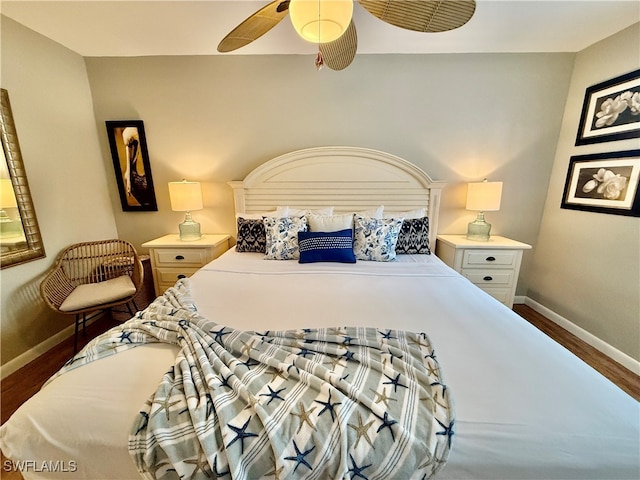 bedroom with wood-type flooring and ceiling fan