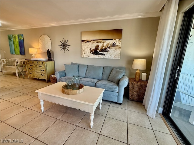 tiled living room featuring ornamental molding