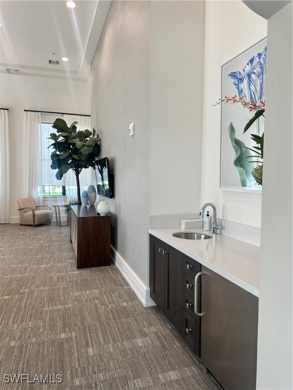 interior space featuring light colored carpet, dark brown cabinetry, and sink