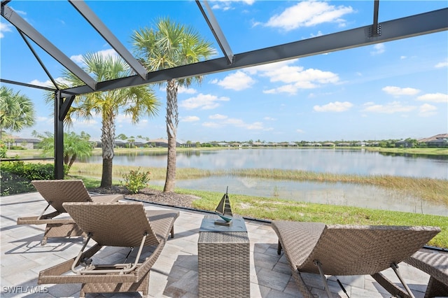 view of patio / terrace featuring a water view