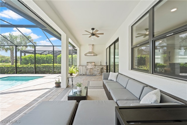 exterior space with ceiling fan and a pool