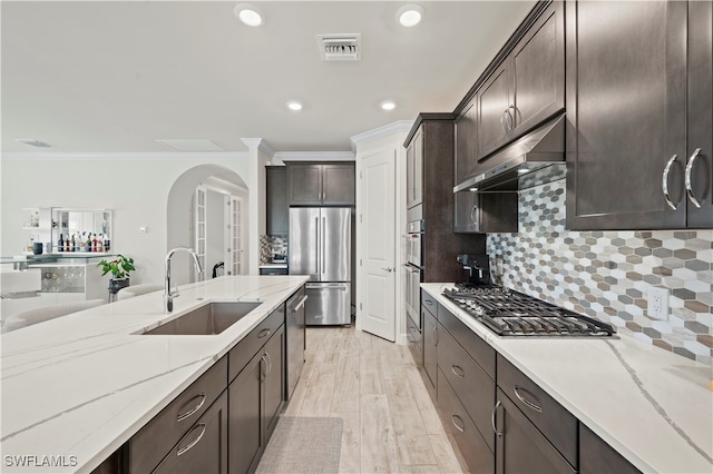 kitchen with range hood, stainless steel appliances, decorative backsplash, and sink