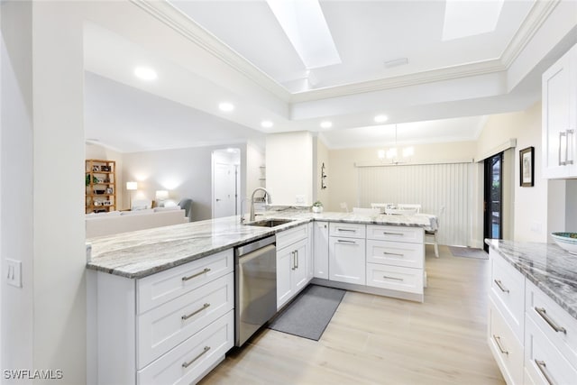 kitchen with light stone counters, white cabinets, a sink, dishwasher, and a peninsula