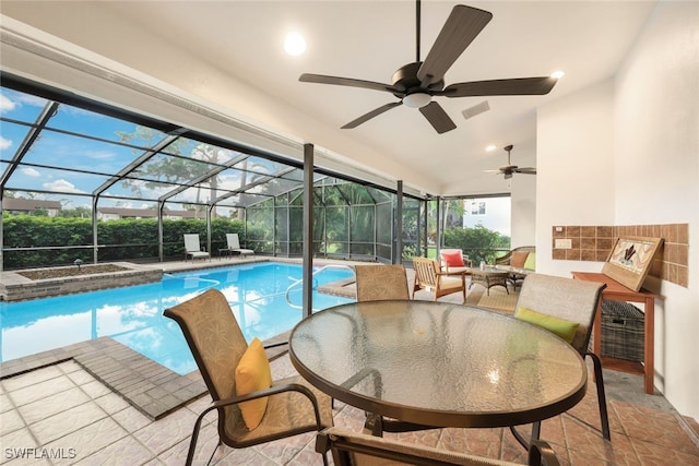 pool with ceiling fan, a lanai, a patio area, outdoor lounge area, and outdoor dining space