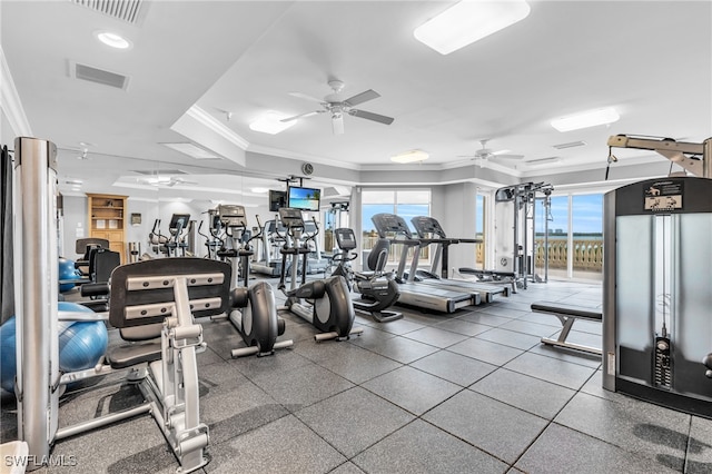 exercise room with crown molding, plenty of natural light, and ceiling fan