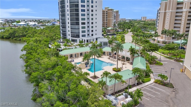 aerial view featuring a water view