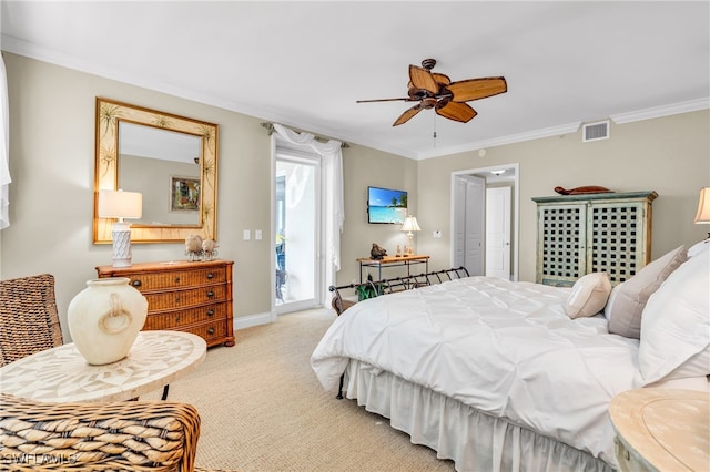 carpeted bedroom featuring access to exterior, ornamental molding, and ceiling fan