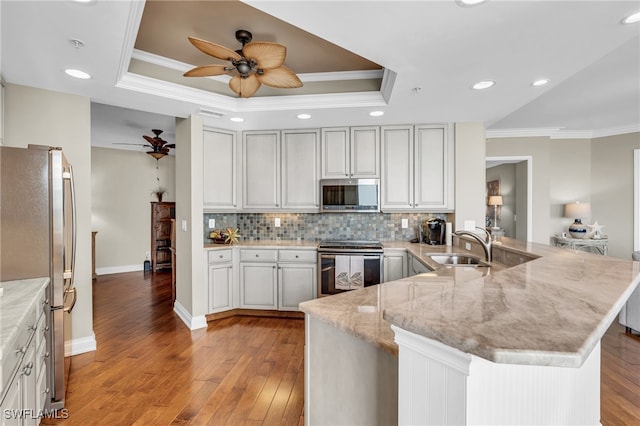 kitchen with sink, crown molding, appliances with stainless steel finishes, kitchen peninsula, and a raised ceiling