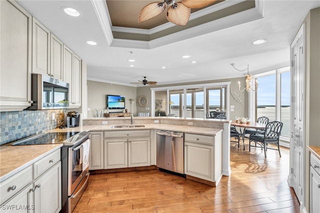 kitchen featuring sink, crown molding, appliances with stainless steel finishes, a raised ceiling, and kitchen peninsula