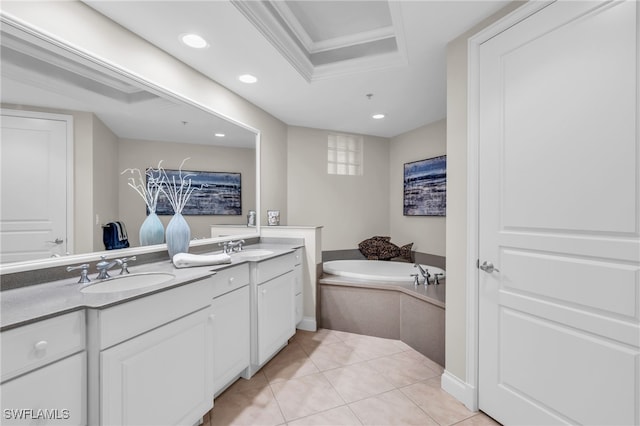 bathroom featuring tile patterned floors, crown molding, vanity, a tray ceiling, and tiled bath