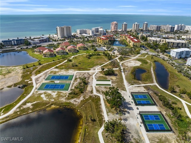 drone / aerial view with a water view