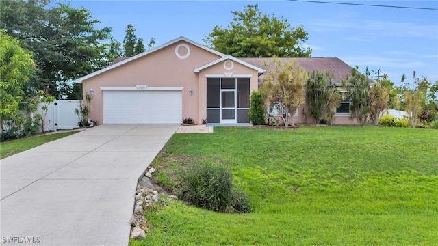 ranch-style house with a front yard and a garage