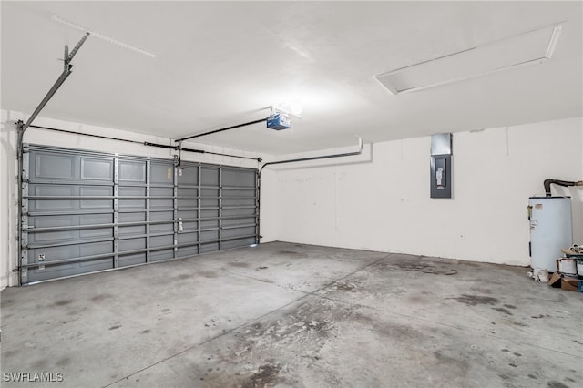 garage featuring a garage door opener, water heater, and electric panel