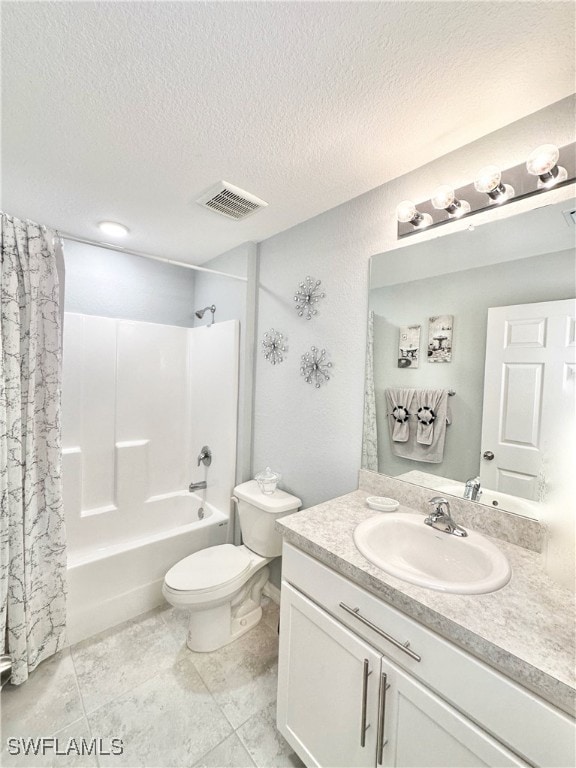 bathroom featuring a textured ceiling, toilet, visible vents, vanity, and  shower combination