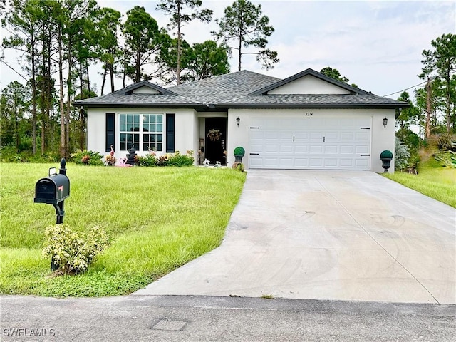3214 68th St W, Lehigh Acres, FL 33971 - ranch-style house with stucco siding, concrete driveway, a garage, and a front lawn