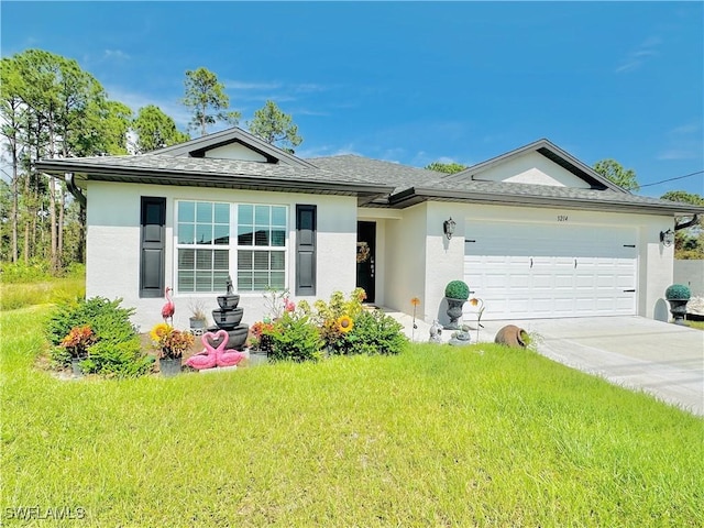 ranch-style home featuring roof with shingles, stucco siding, concrete driveway, a garage, and a front lawn