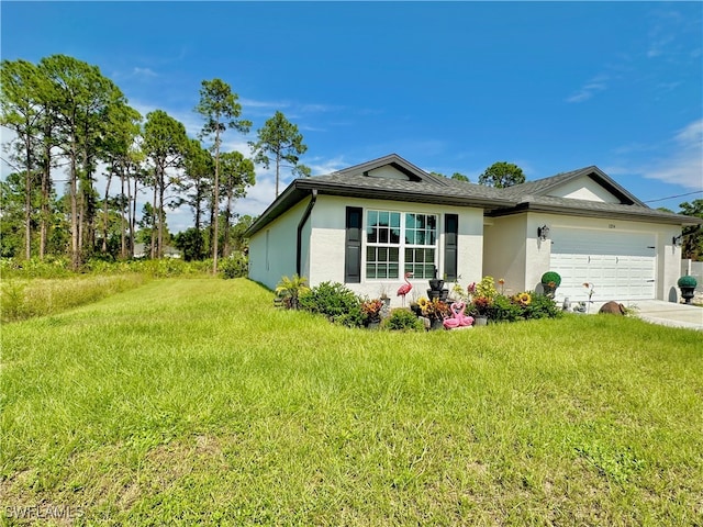 ranch-style home featuring a garage, driveway, a front lawn, and stucco siding