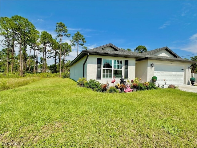 3214 68th St W, Lehigh Acres, FL 33971 - view of front facade with stucco siding, an attached garage, a front lawn, and driveway