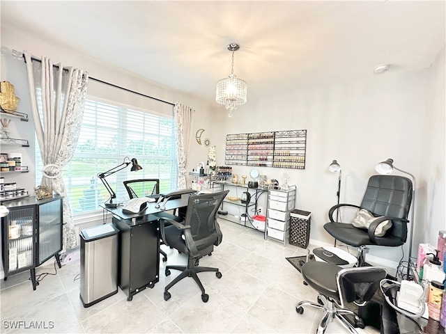 office area featuring a chandelier and light tile patterned flooring