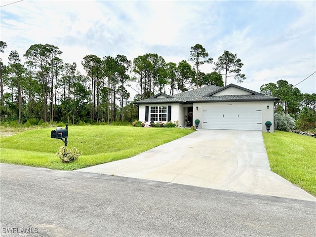 ranch-style home with driveway, stucco siding, an attached garage, and a front yard