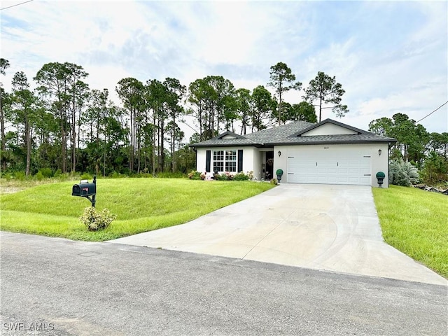 3214 68th St W, Lehigh Acres, FL 33971 - ranch-style house featuring a garage, concrete driveway, a front lawn, and stucco siding