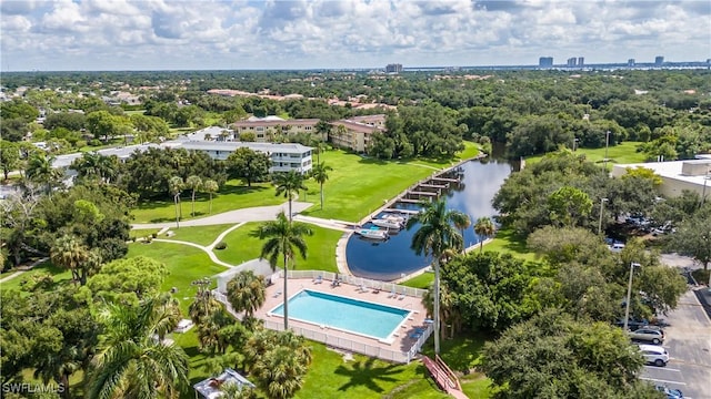 aerial view featuring a water view