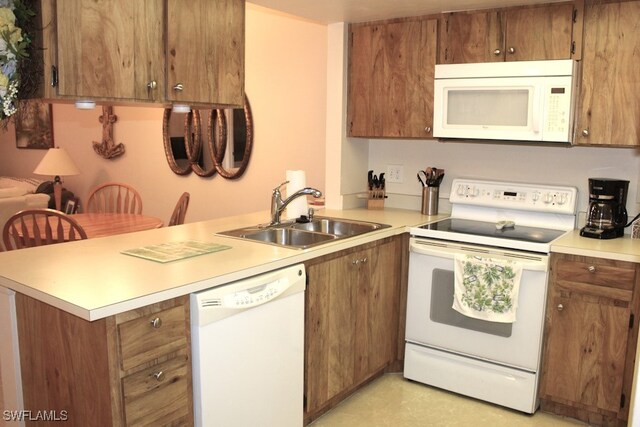 kitchen featuring white appliances, kitchen peninsula, and sink