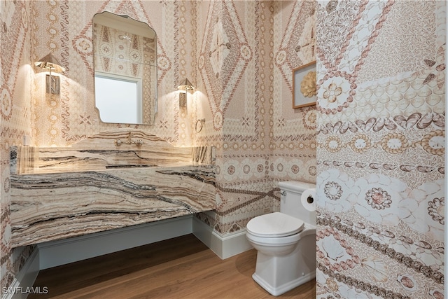 bathroom with hardwood / wood-style floors and toilet