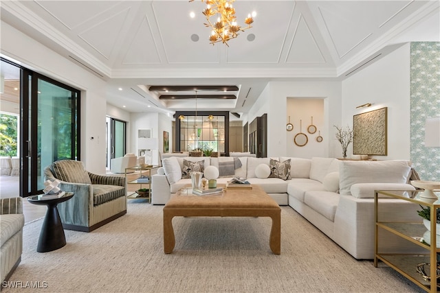 carpeted living room with crown molding, an inviting chandelier, and plenty of natural light