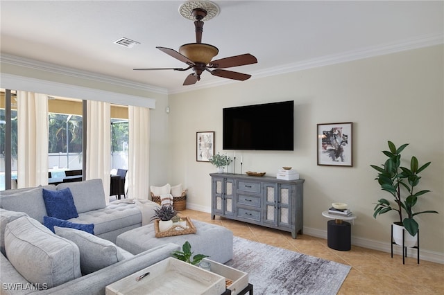 tiled living room featuring ornamental molding and ceiling fan