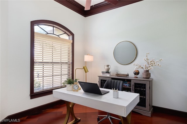 home office with dark hardwood / wood-style flooring and a healthy amount of sunlight