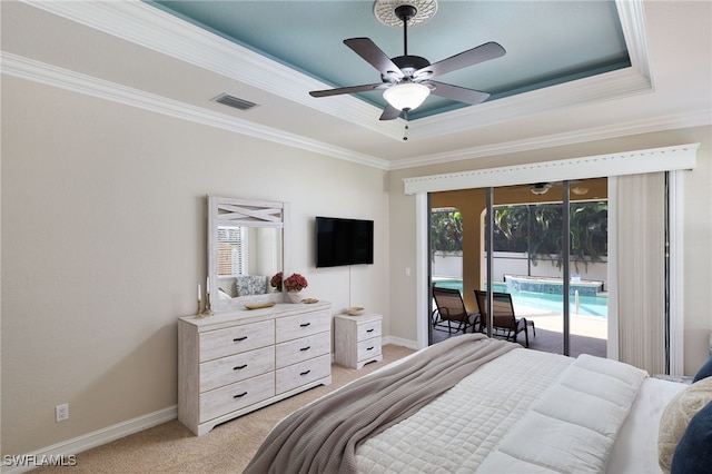 carpeted bedroom featuring crown molding, multiple windows, access to outside, and ceiling fan